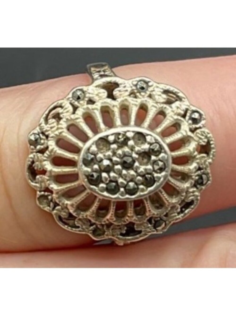 Vintage Sterling Silver Marcasite Filigree Ring Sz 6.5 Intricate Design Womens - Picture 1 of 4